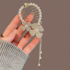 Flower Rhinestones & Faux Pearls Hair Clip Women Girls
