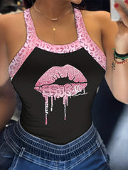 Leopard Lips Print Cami Top Sexy Tie Back Sleeveless Summer Top
