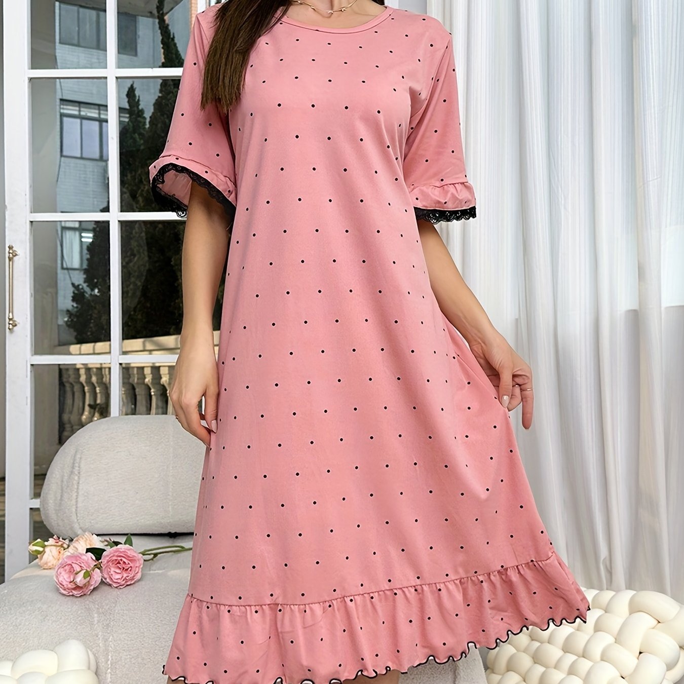 Polka Dot Ruffle NightDress Lace Trim Pajama Dress