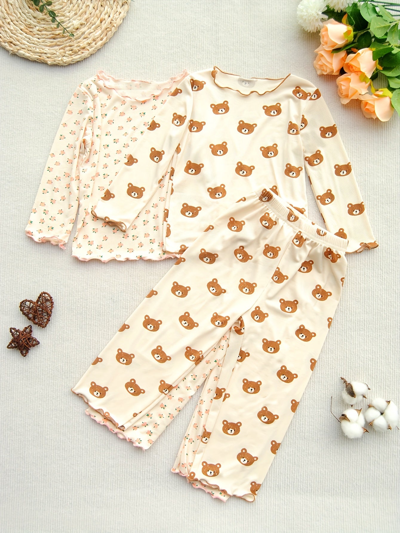 Floral Pattern Kid's Pajamas Set Long Sleeve Top & Pants Comfy PJ Set