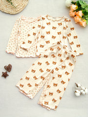 Floral Pattern Kid's Pajamas Set Long Sleeve Top & Pants Comfy PJ Set