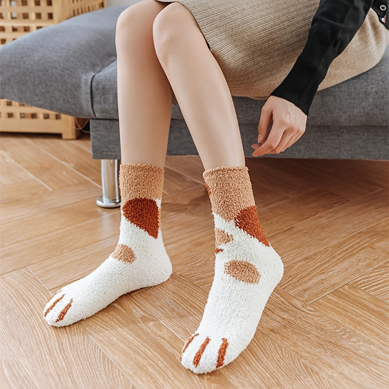 5pairs Women's Cat Paw Coral Fleece Socks