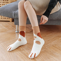 5pairs Women's Cat Paw Coral Fleece Socks