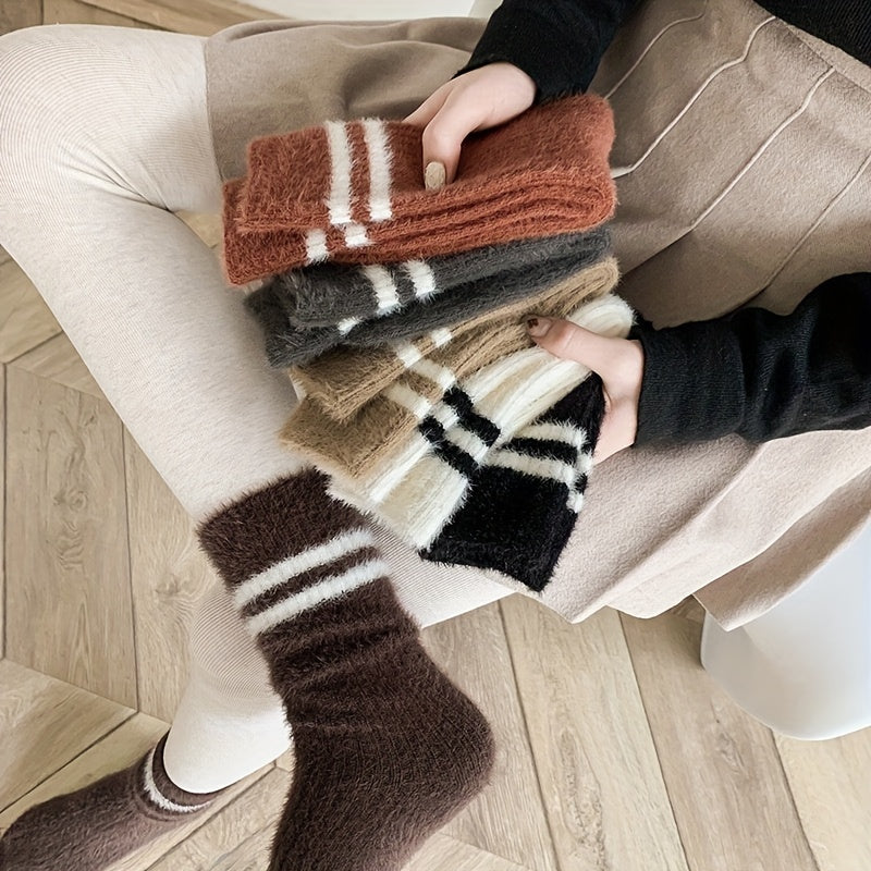 6 Pairs Striped Crew Socks Comfy & Warm All Match Women's Stockings
