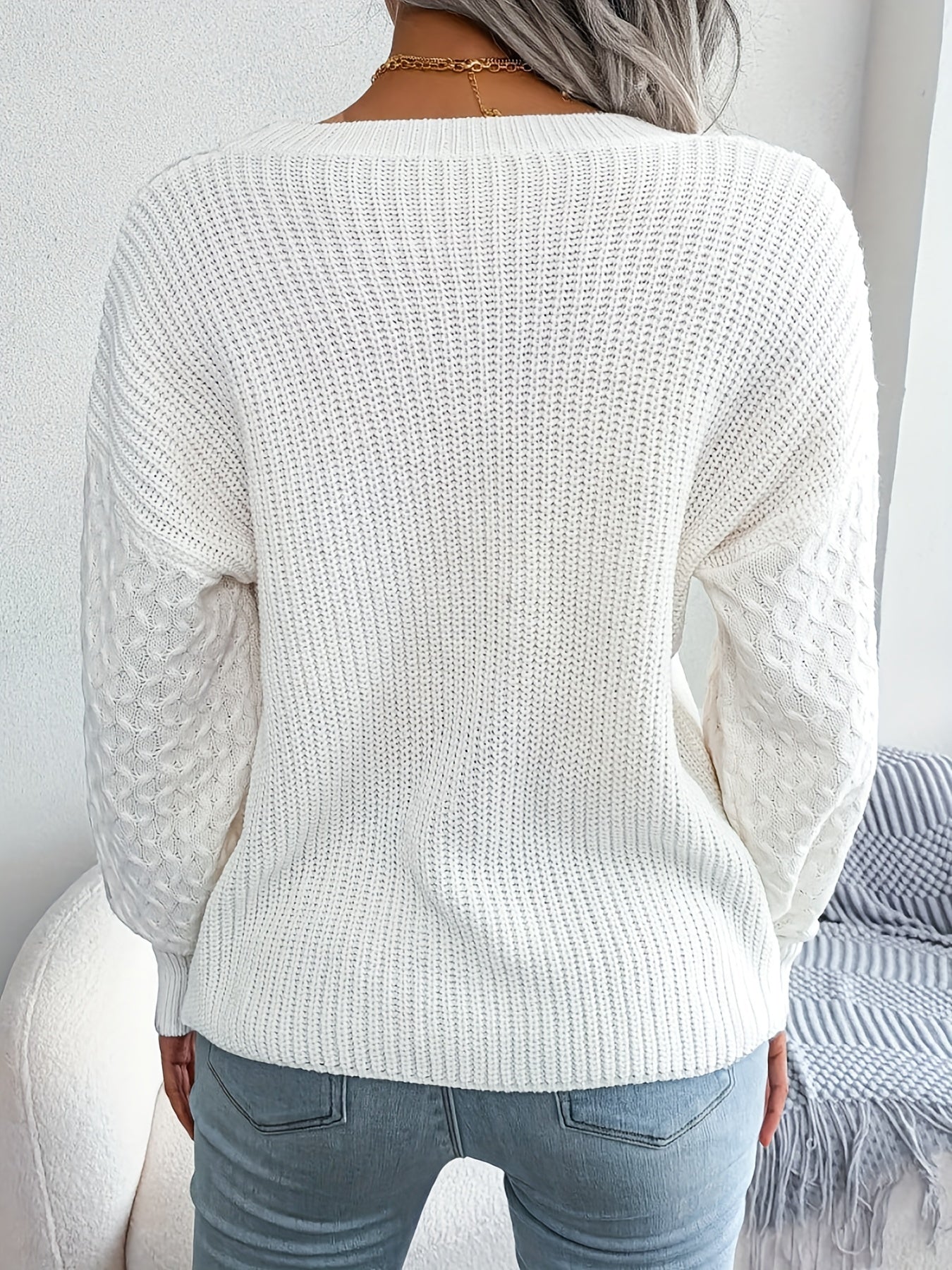 Casual Sweater Women's Solid Cable Lantern Sleeve Round Neck Jumper
