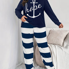 Letter & Anchor Print Tee Striped Joggers Pajamas Set