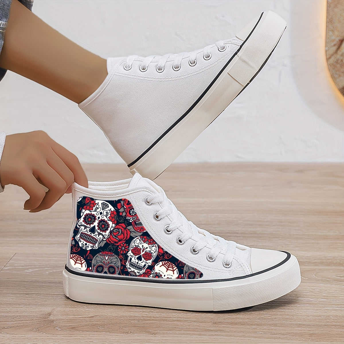 Skull Print Plush Lined Thermal Chunky Canvas Sneakers