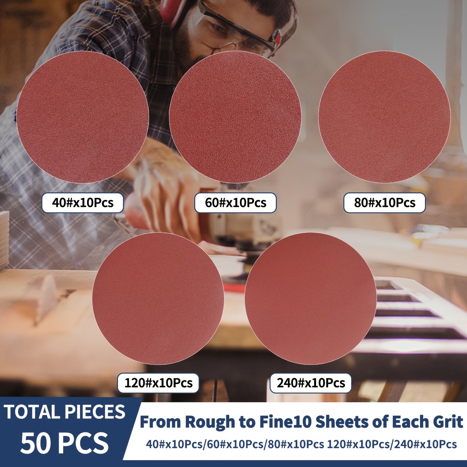 50pcs 15-24cm Hook and Loop Sanding Discs in 40-240 Grits Sandpaper for Sanders