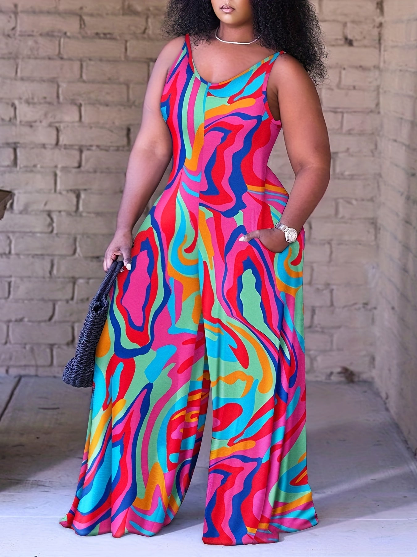Baroque Floral Print Jumpsuit Boho Crew Neck Wide Leg Jumpsuit