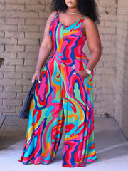 Baroque Floral Print Jumpsuit Boho Crew Neck Wide Leg Jumpsuit