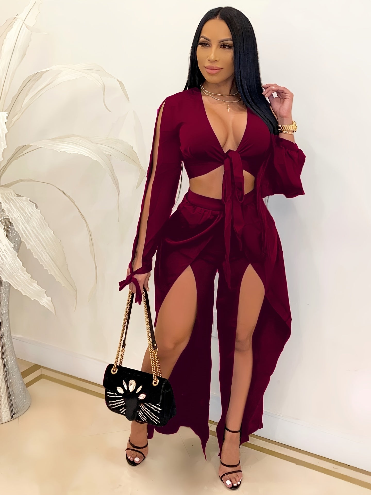 Women's Solid Two piece Set Deep V Neck Long Sleeve Crop Top & Split Pants