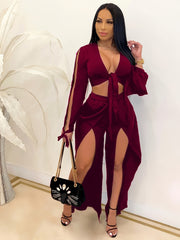 Women's Solid Two piece Set Deep V Neck Long Sleeve Crop Top & Split Pants