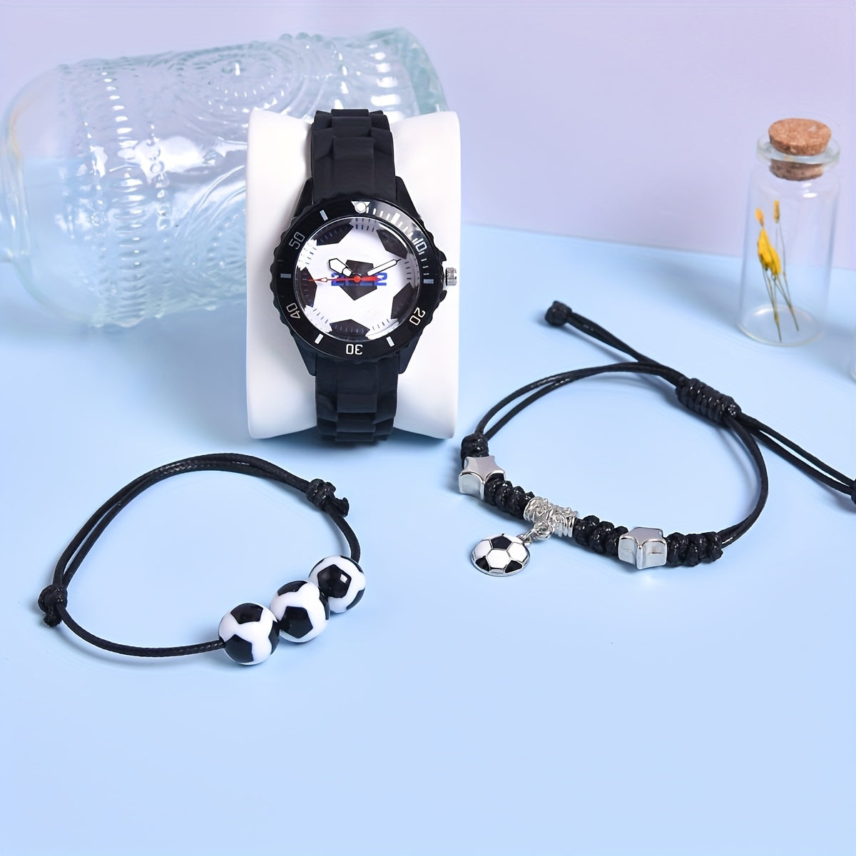 Boys' Soccer Watch Set 3pcs Silicone Strap Quartz Sports Football Motifs