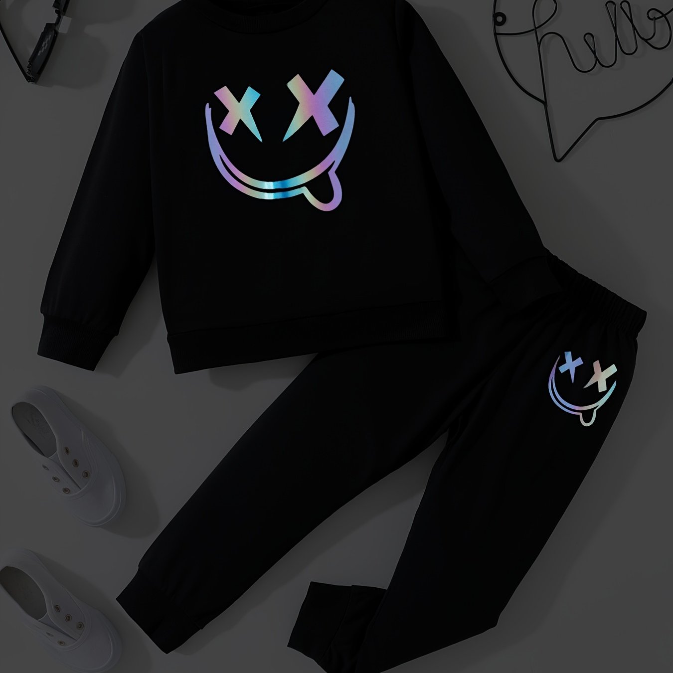 Happy Face Pattern Boy's 2pcs Sweatshirt & Sweatpants Set