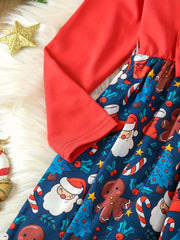 Girls Santa Graphic Long Sleeve Dress with Bow Belt