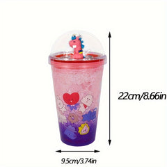Animal Pattern Plastic Water Cup With Straw