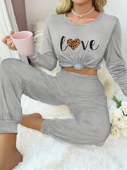 Letter Print Lounge Set Long Sleeve Crew Neck Top & Elastic Waistband Pants