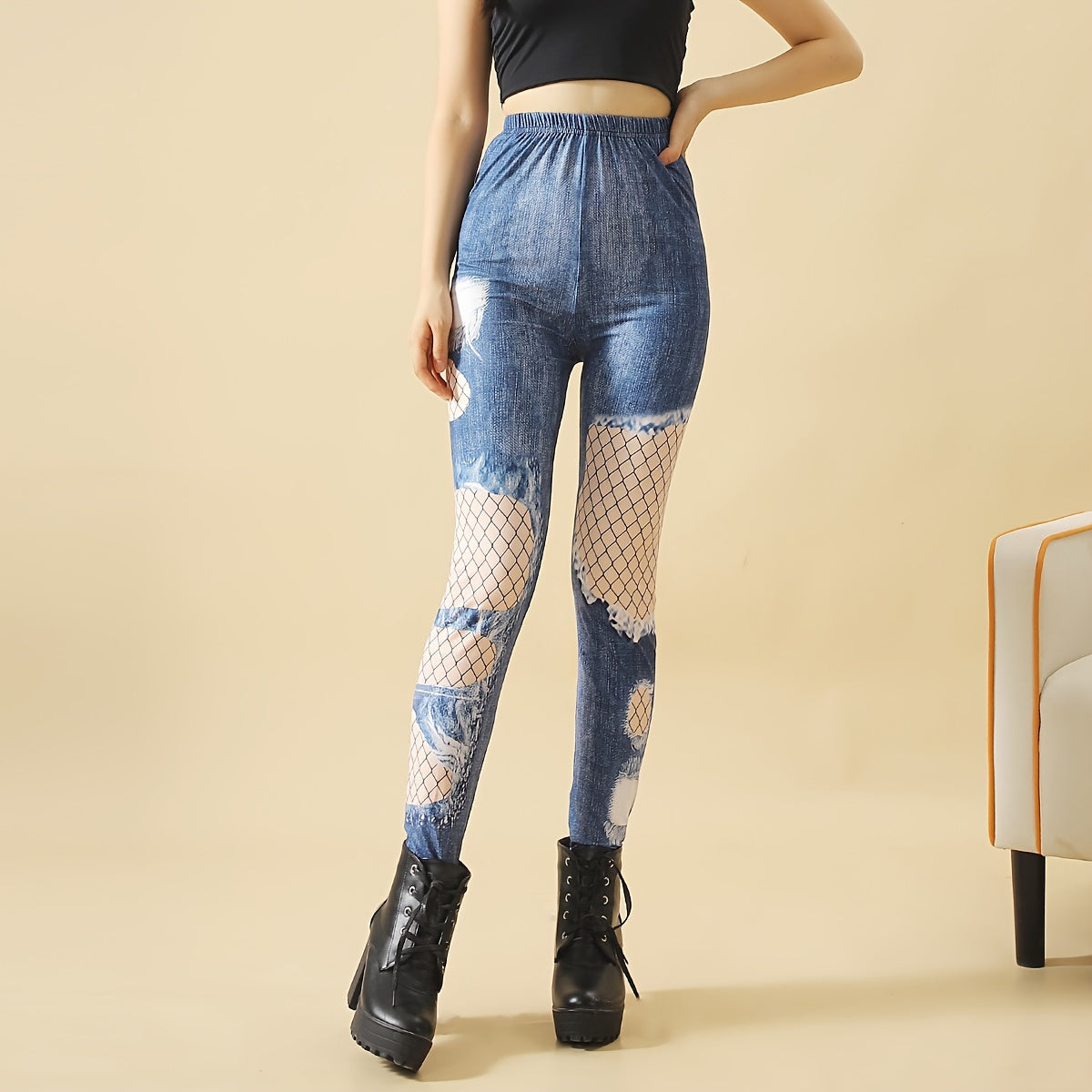 Denim Print High Waist Slim Pantyhose Women's Stockings