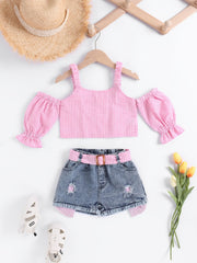 Girls Cold Shoulder Plaid Crop Top & Denim Shorts Set Summer Clothes