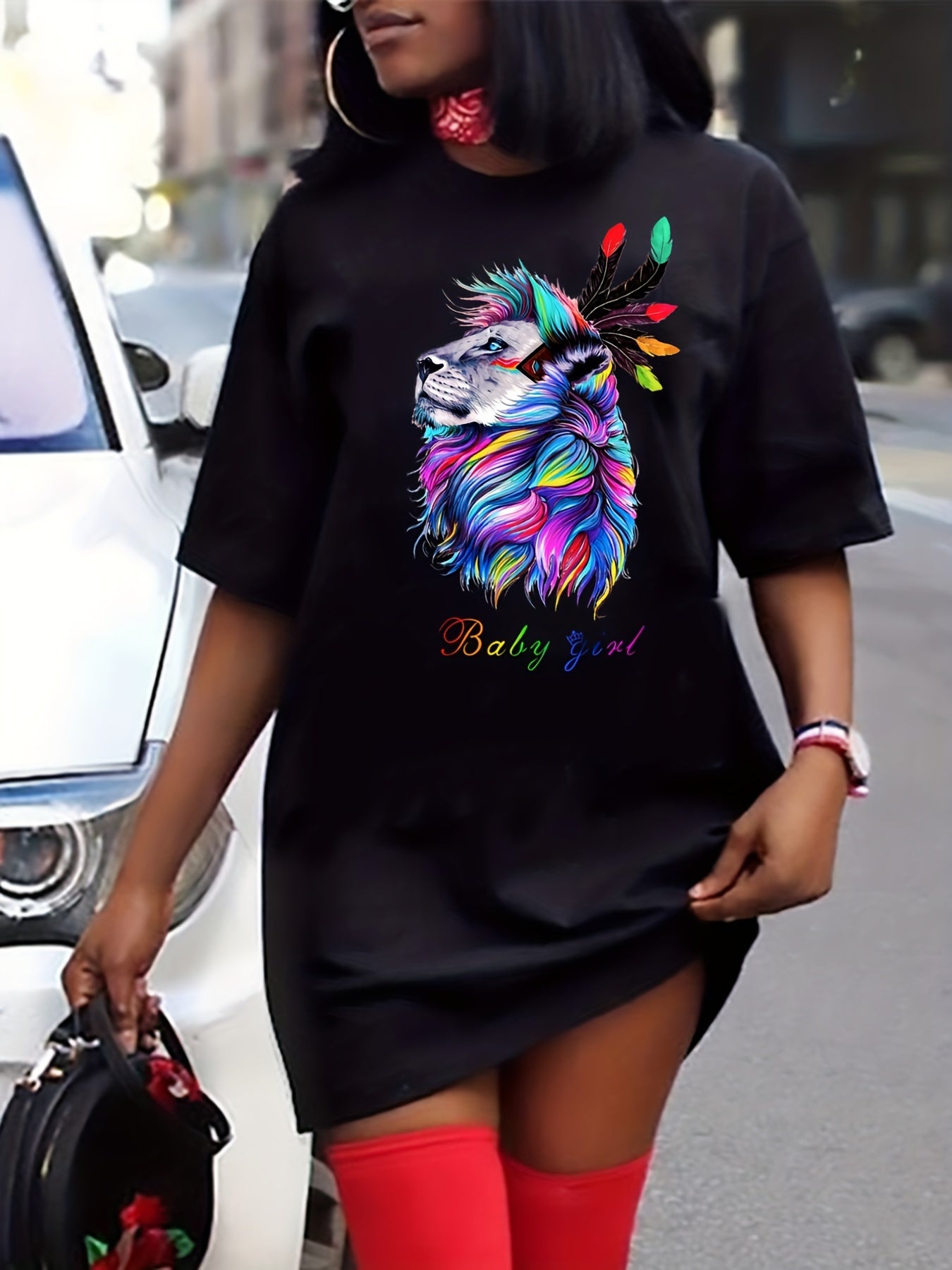Lion Print Short Sleeve Tee Dress