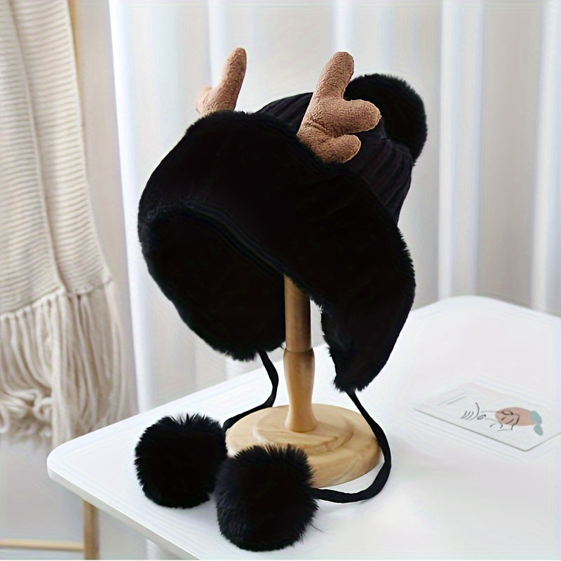 Plush Reindeer Antlers Winter Hat Fleece Lined Thickened Knitted Hat