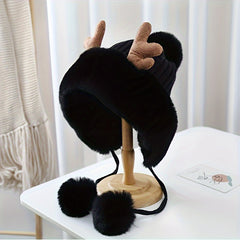Plush Reindeer Antlers Winter Hat Fleece Lined Thickened Knitted Hat