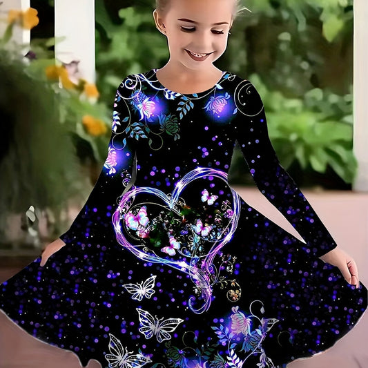 Girls Dreamy Heart & Butterfly Graphic Long Sleeve Dress