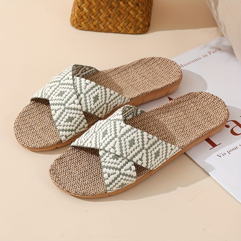 Women's Linen Flat Slides with Geometric Pattern