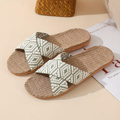 Women's Linen Flat Slides with Geometric Pattern