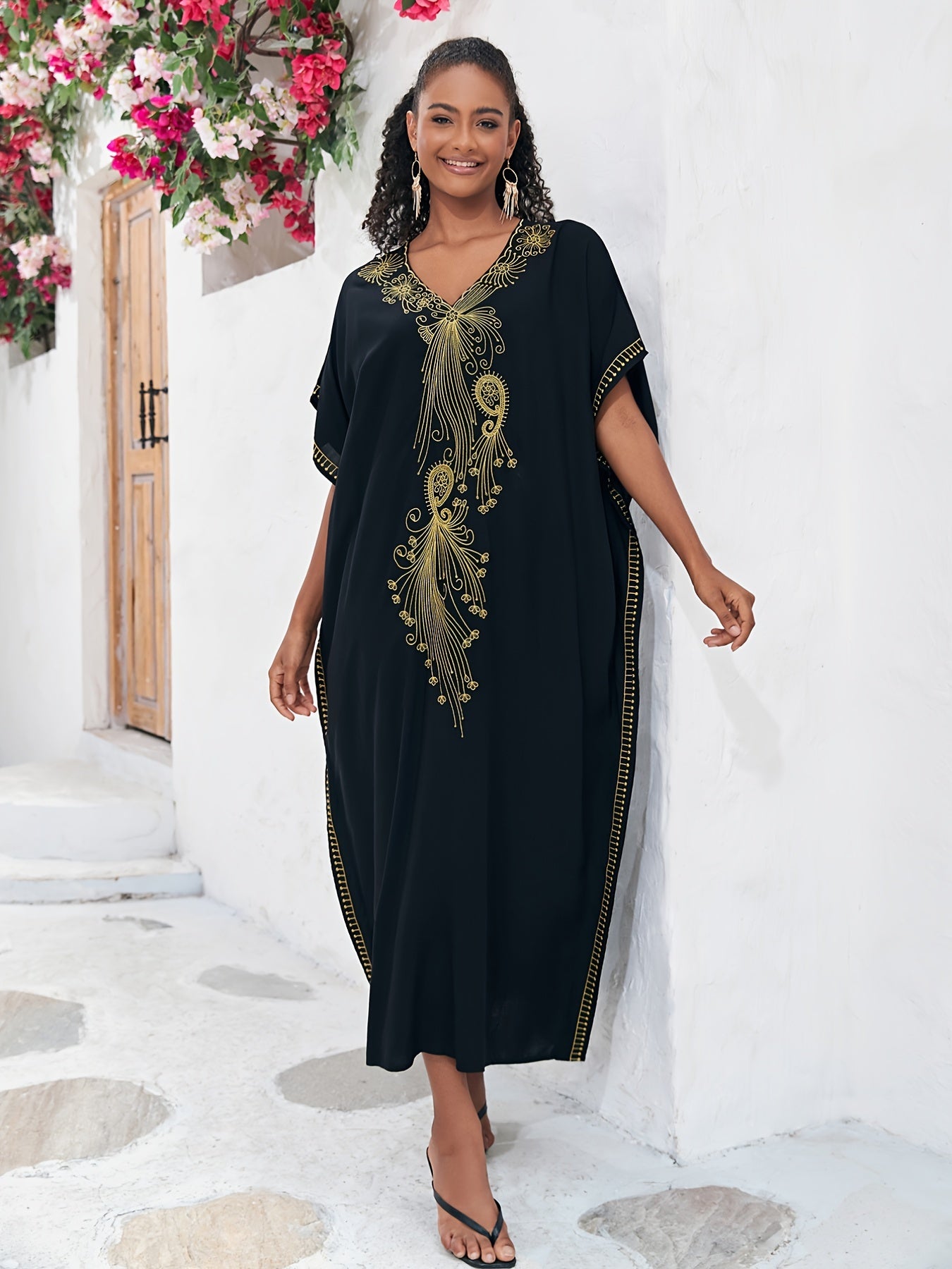 Boho Abaya Dress Women's Plus Golden Embroidered Bat Sleeve V Neck Max