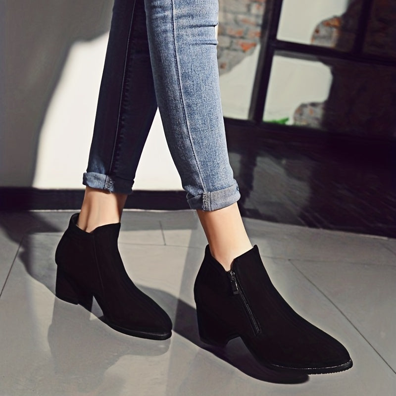 Women's Chunky Heeled Ankle Boots Round Toe Side Zipper Mid Heel Shoes