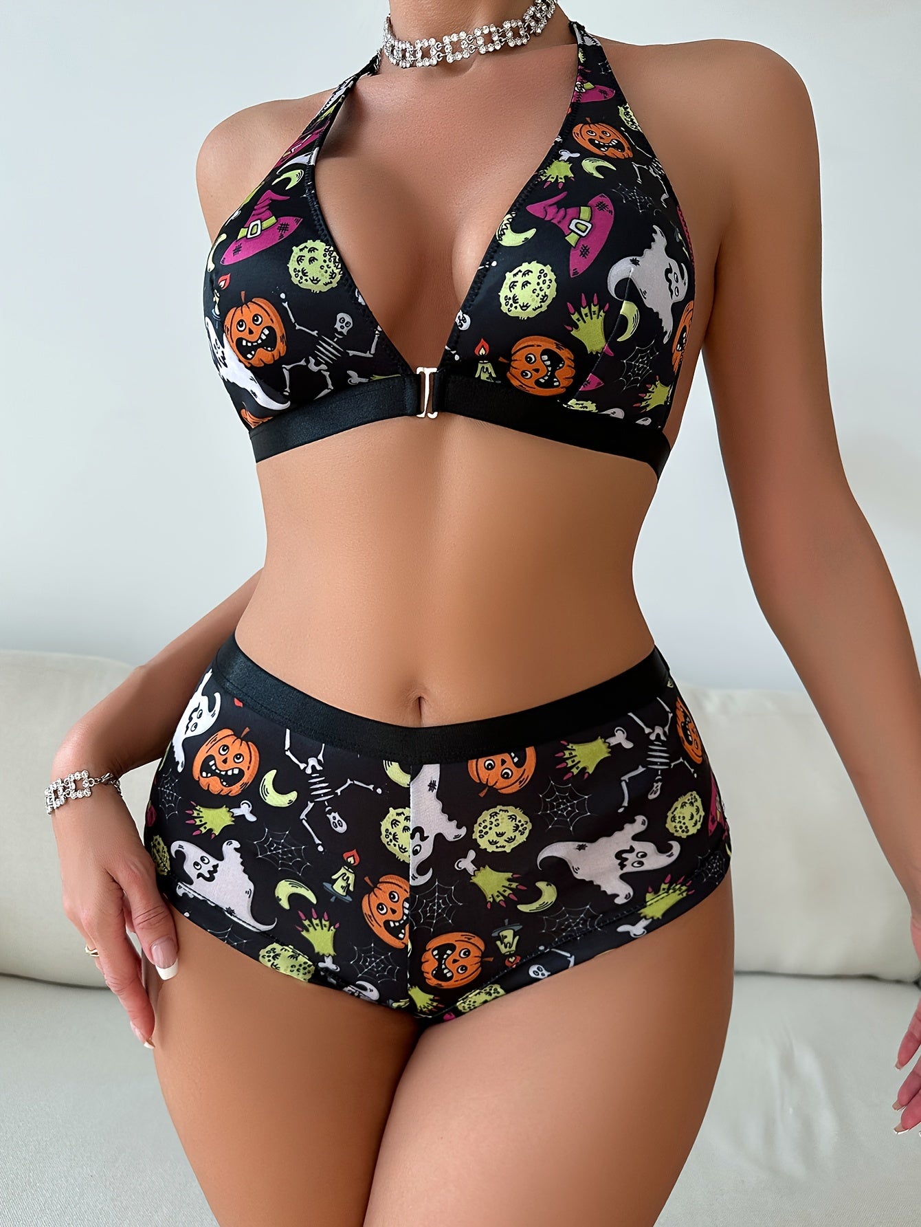 Pumpkin & Skull Print Lingerie Set