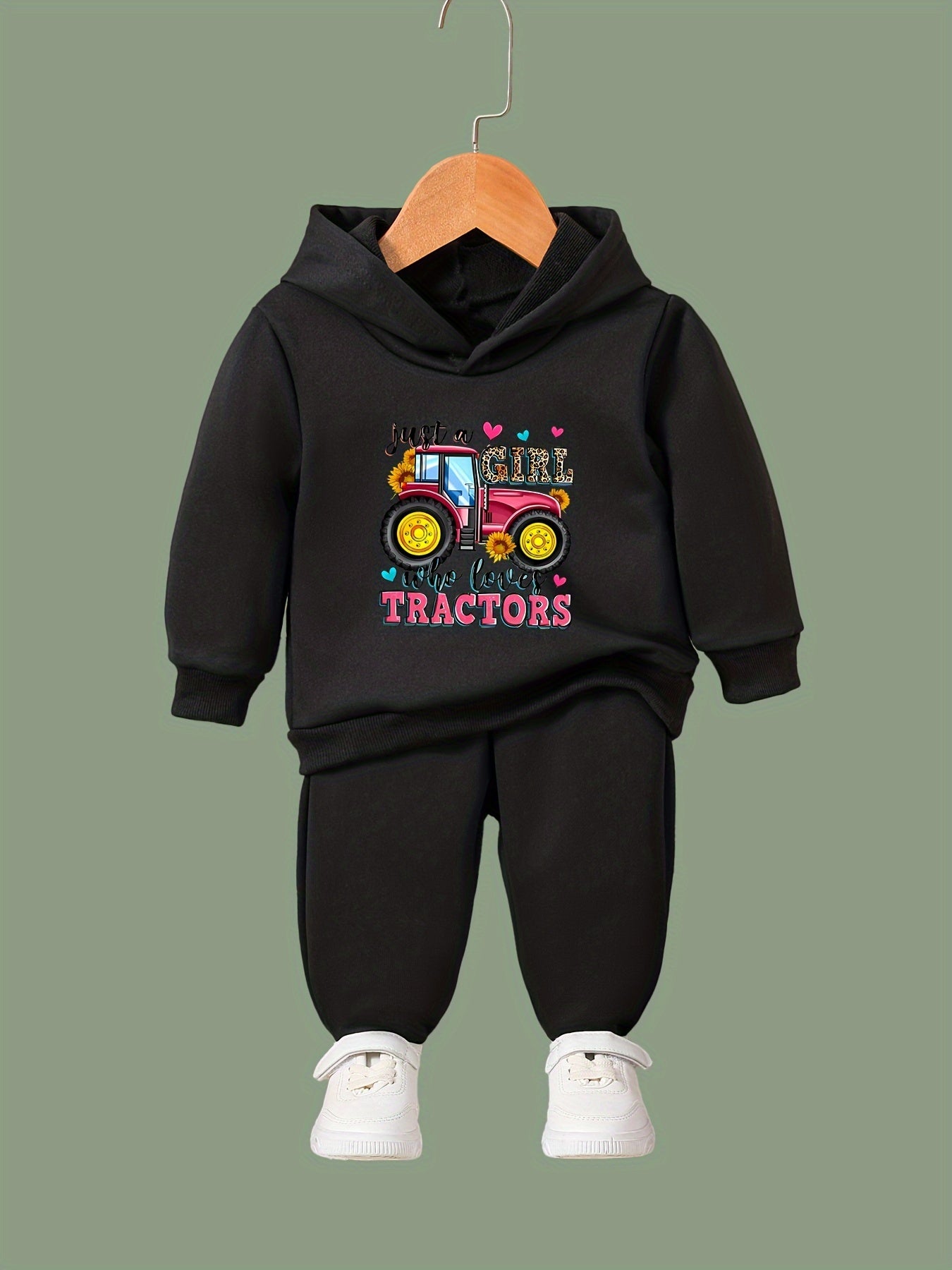 Girls Truck Pattern Hooded Sweatshirt & Solid Sweatpants Set