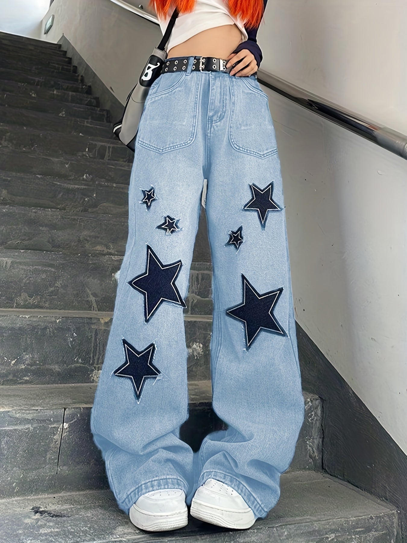 Star Patch Baggy Loose Boyfriend Jeans Dark Wash Zipper Button Closure