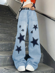 Star Patch Baggy Loose Boyfriend Jeans Dark Wash Zipper Button Closure