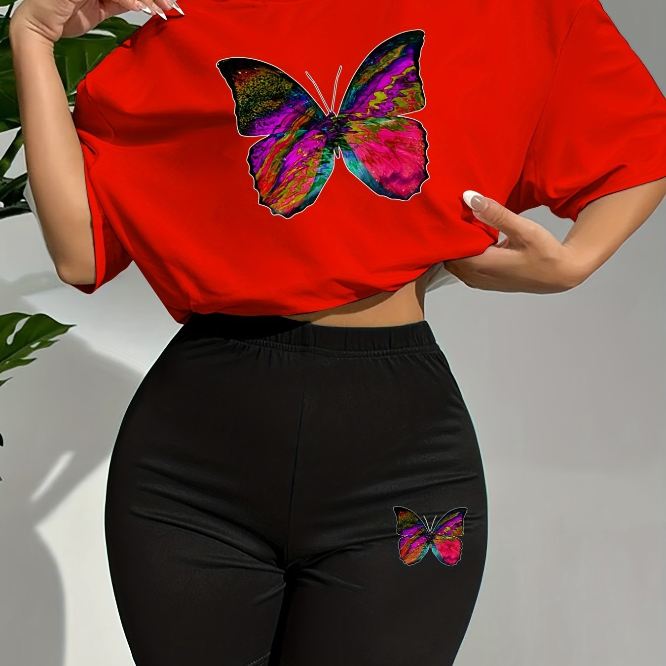 Butterfly Print Lounge Set Short Sleeve Crew Neck Top & Elastic Waistband Shorts