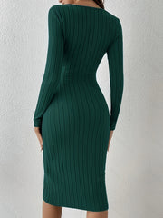 Solid Ribbed Long Sleeve Square Neck Midi Sweater Dress