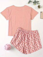 Flamingo Print Pajama Set Short Sleeve Top & Shorts Two Piece