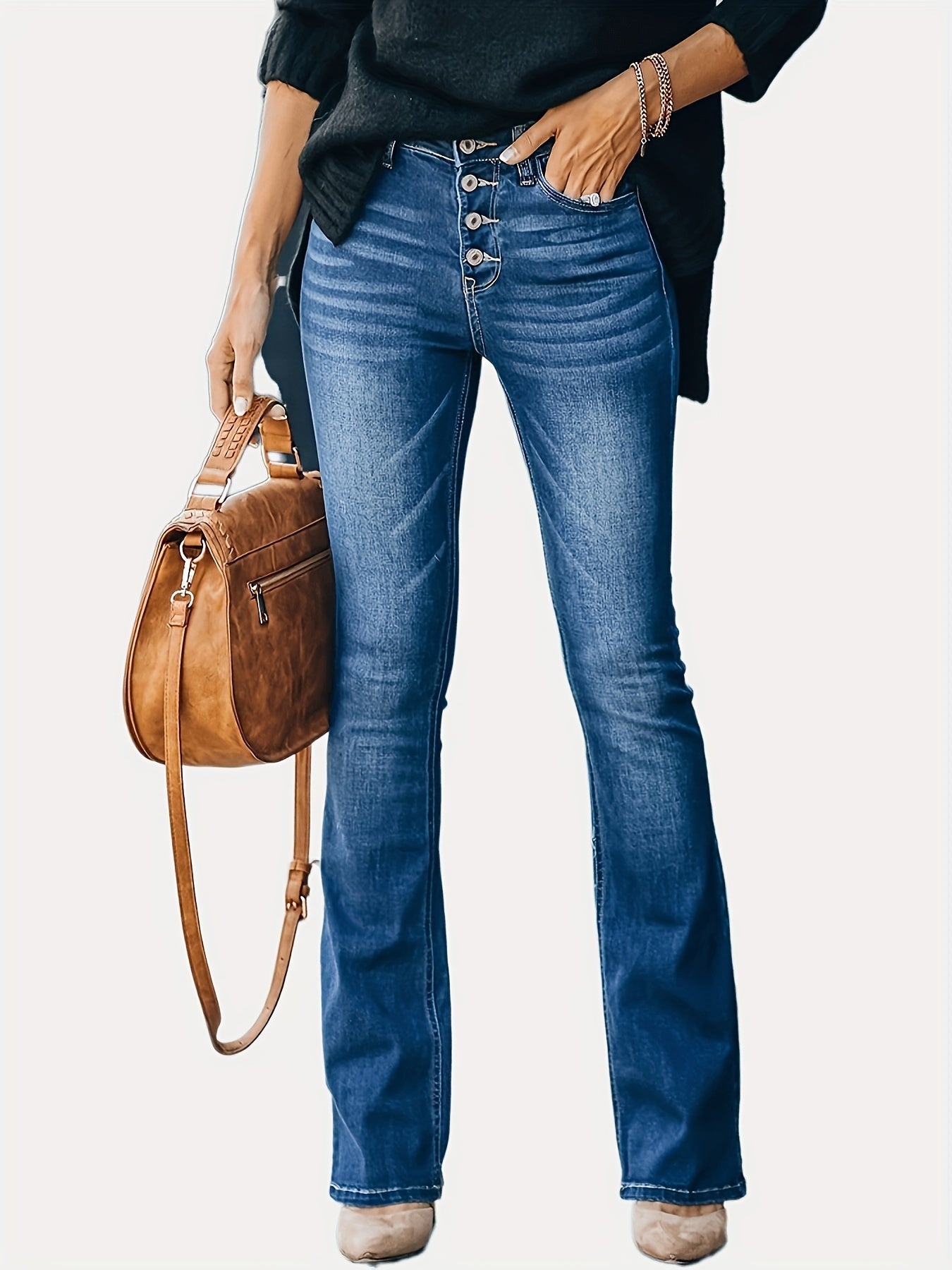 Embossed Button Bell Bottom Jeans Slim Fitting Bootcut Pants