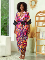 Boho Kimono Women's Plus Floral Print Ruffle Trim Open Front Kimono