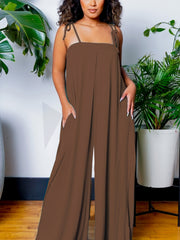 Solid Spaghetti Jumpsuit Casual Sleeveless Ruched Summer Loose Jumpsuit