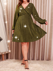 Party Dress Women's Plus Shinny Lantern Sleeve Surplice Neck Dress