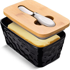 Ceramic Butter Dish with Stainless Steel Saucer and Wooden Lid