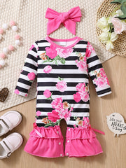 Baby Girls Striped Floral Jumpsuit Set with Flared Pants and Hair Accessories