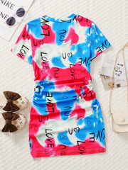 Girls Rainbow Tie Dye & Letter Graphic Short Sleeve Dress For Going Out Party