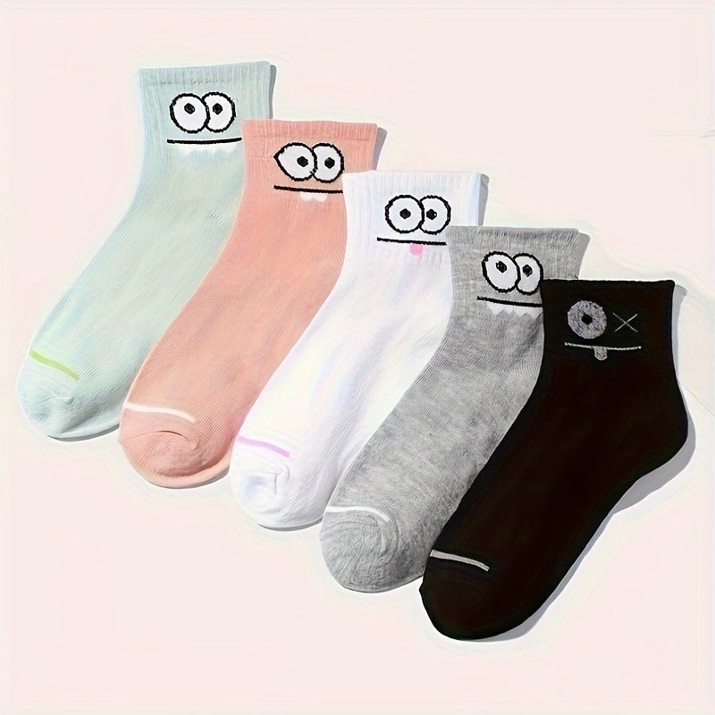 5 Pairs Cartoon Eyes Print Socks Crew Stockings Women's Hosiery