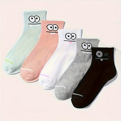 5 Pairs Cartoon Eyes Print Socks Crew Stockings Women's Hosiery