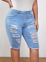 Casual Jeans Women's Plus Ripped Fringe Trim Button Fly Jeans