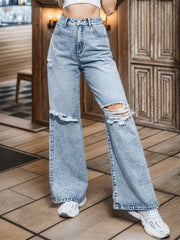 Distressed Wide Leg High Waist Denim Pants