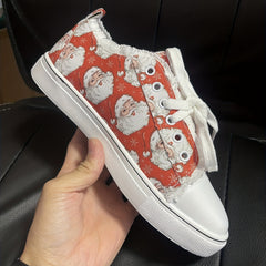 Women's Santa Claus Print Canvas Shoes Lace Up Low Top Sneakers